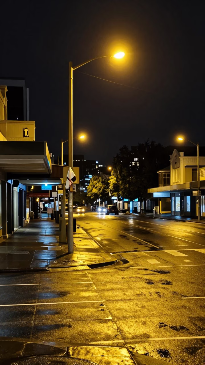 Late Night Auckland Street Scene with Dish Towel and Drainage Details in in Auckland, New Zealand