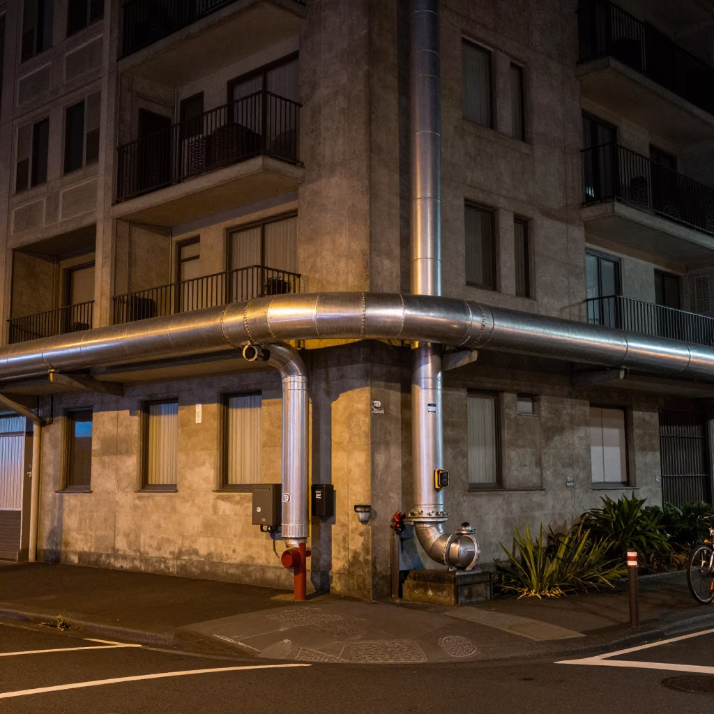 Late Night Auckland Street Scene with District Heating Pipes and Urban Life in in Auckland, New Zealand