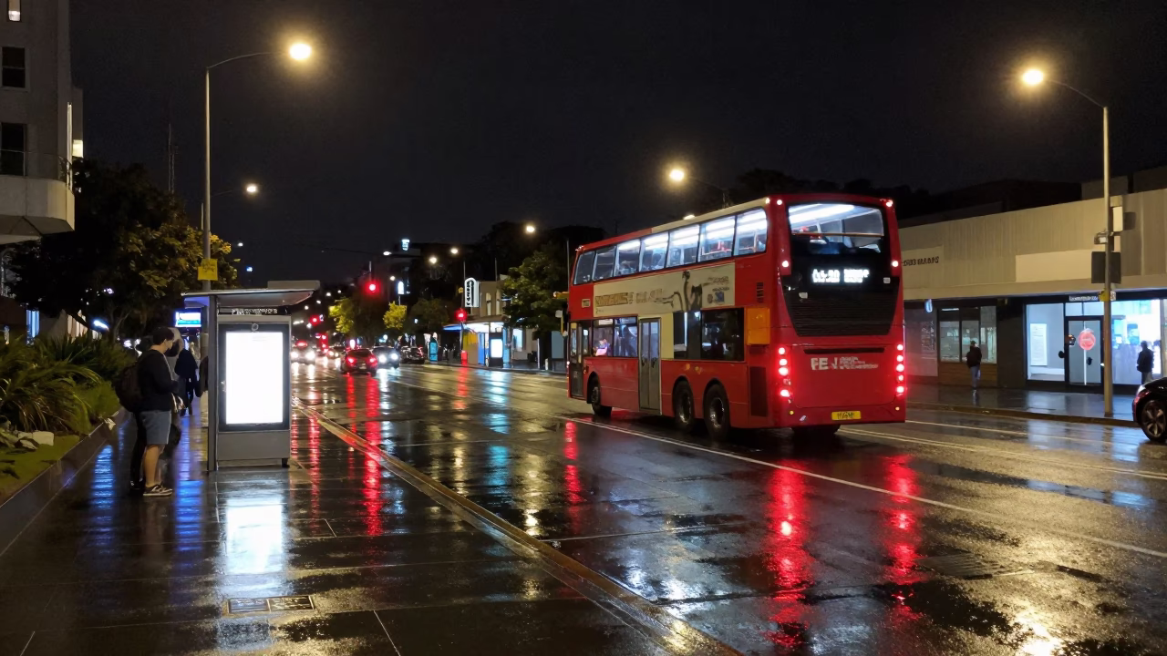 Late Night Auckland Street Scene with Double Decker Bus at Rainy Stop in in Auckland, New Zealand