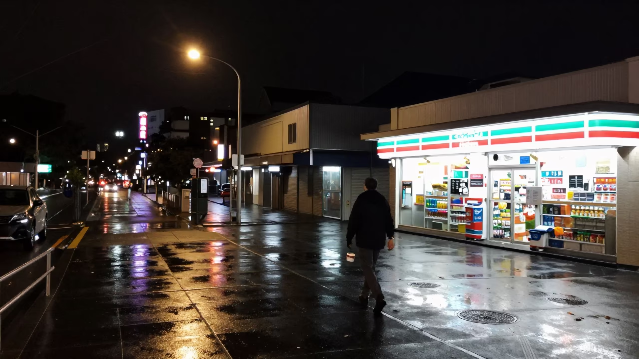 Late Night Auckland Street Scene with Espresso Cup and Apples on Wet Pavement in in Auckland, New Zealand