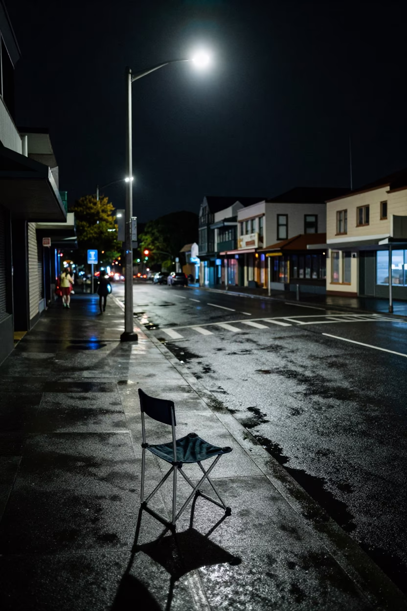 Late Night Auckland Street Scene with Folding Chair and Eucalyptus Shadows in in Auckland, New Zealand