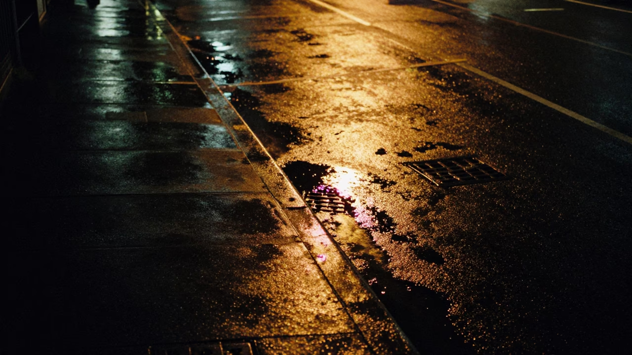 Late Night Auckland Street Scene with Grease Sheen on Drain and Urban Ivy Vines in in Auckland, New Zealand