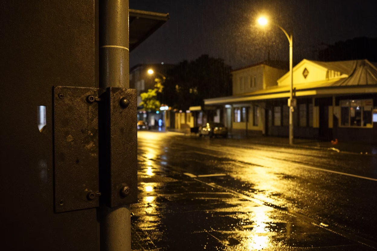 Late Night Auckland Street Scene with Iron Deadbolt and Scratches on Rail in in Auckland, New Zealand