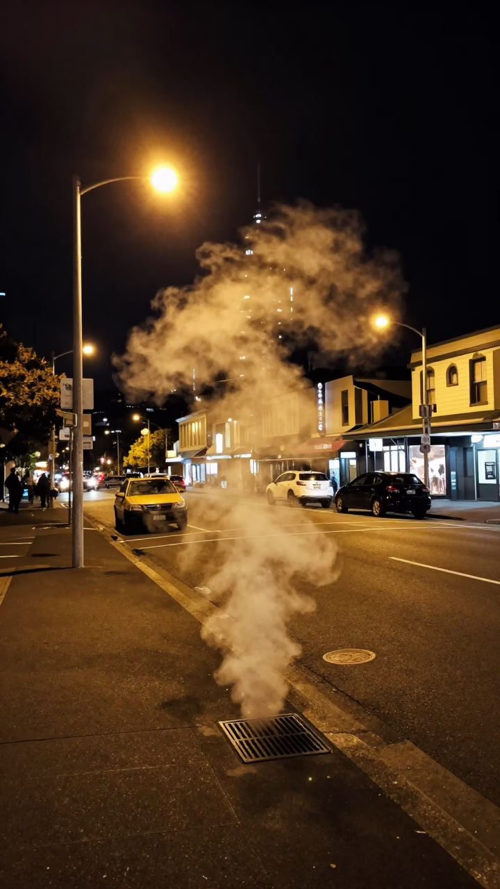 Late Night Auckland Street Scene with Lantern and Steam Haze at Night in in Auckland, New Zealand