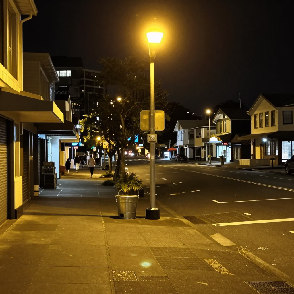 Late Night Auckland Street Scene with Metal Bucket and Padlock on Concrete Sidewalk in in Auckland, New Zealand