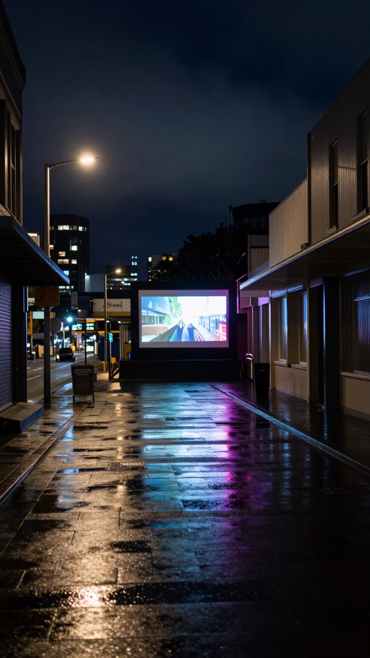 Late Night Auckland Street Scene with Outdoor Cinema Poster and Matcha Cafe Sign in in Auckland, New Zealand