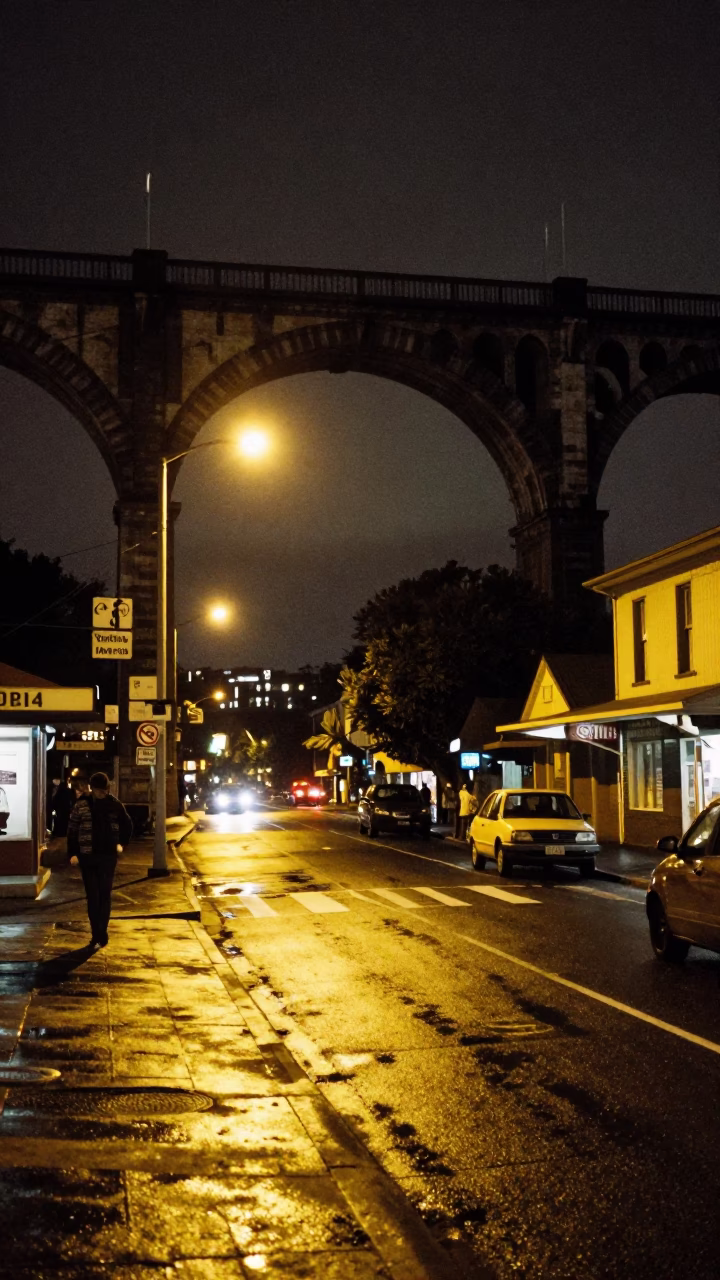 Late Night Auckland Street Scene with Railway Viaduct and Vintage Car in in Auckland, New Zealand