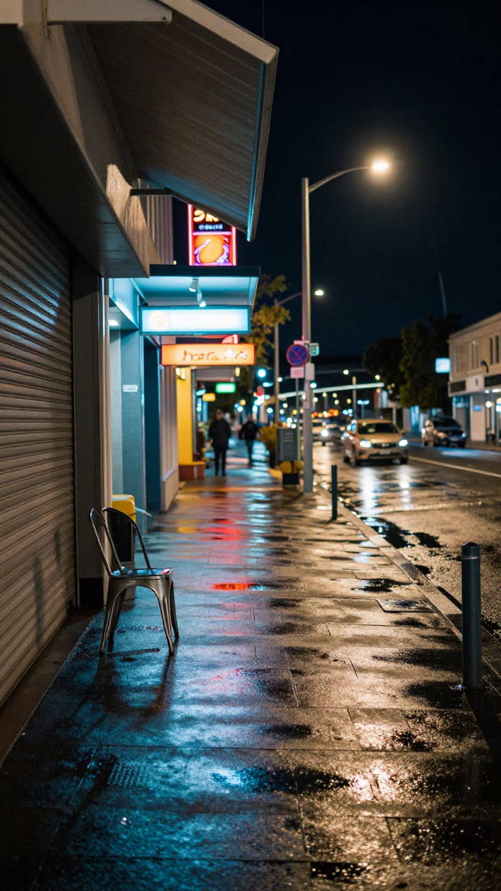 Late Night Auckland Street Scene with Steel Chair and Coat Hook in in Auckland, New Zealand