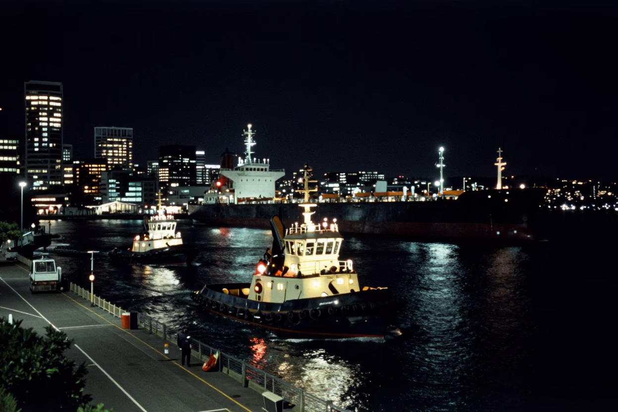 Late Night Auckland Street Scene with Tugboat Fleet Guiding Tanker at Harbor in in Auckland, New Zealand