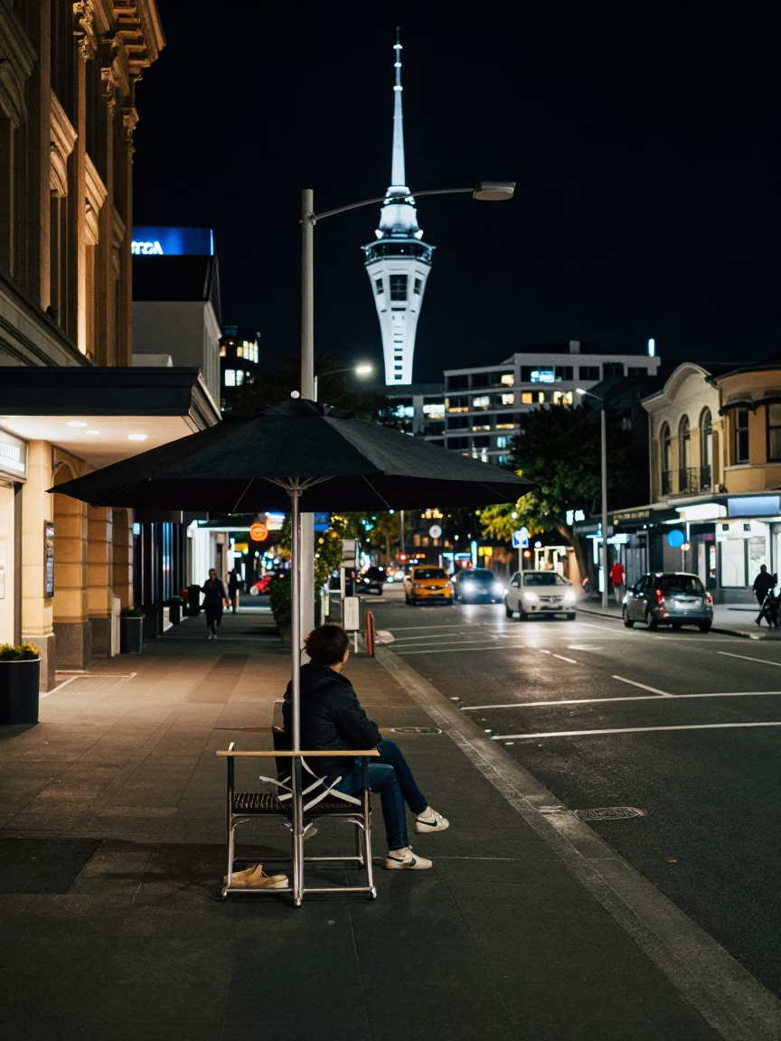 Late Night Auckland Street Scene with Umbrella Stand and Steam Haze in in Auckland, New Zealand