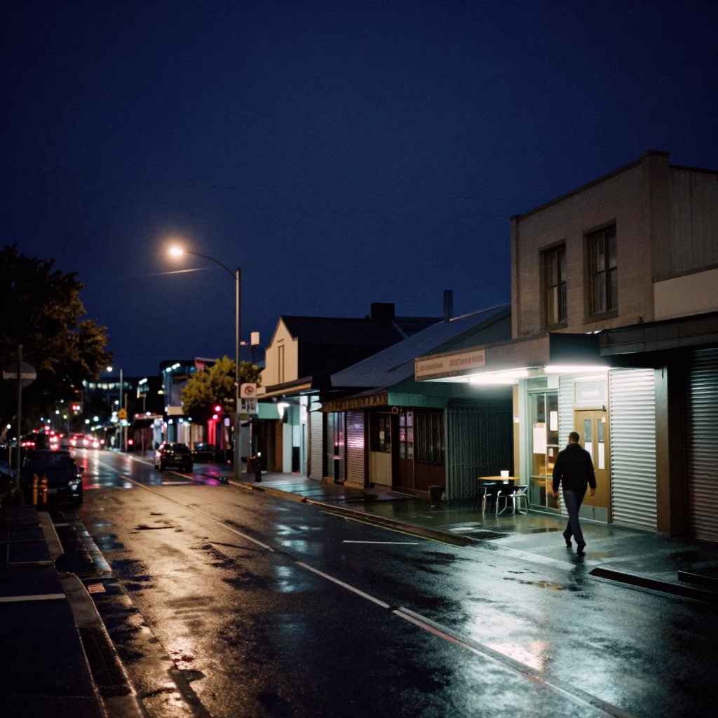Late Night Auckland Street Scene with Urban Elements and Quiet City Life in in Auckland, New Zealand