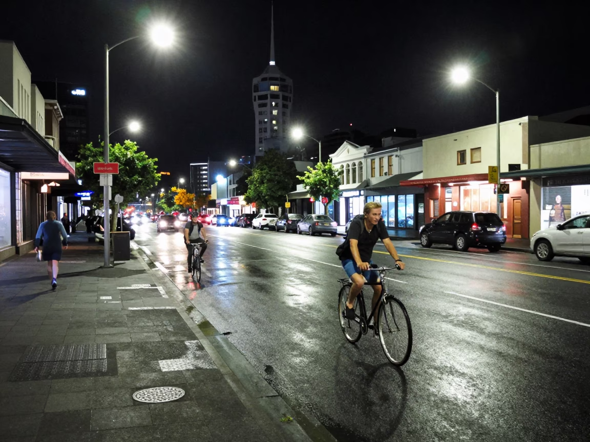 Late Night Auckland Street Scene with Vintage Bicycle and Brushed Steel Details in in Auckland, New Zealand