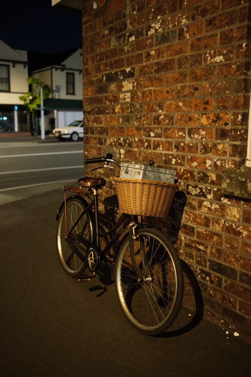 Late Night Auckland Street Scene with Vintage Bicycle Basket and Tin Box in in Auckland, New Zealand