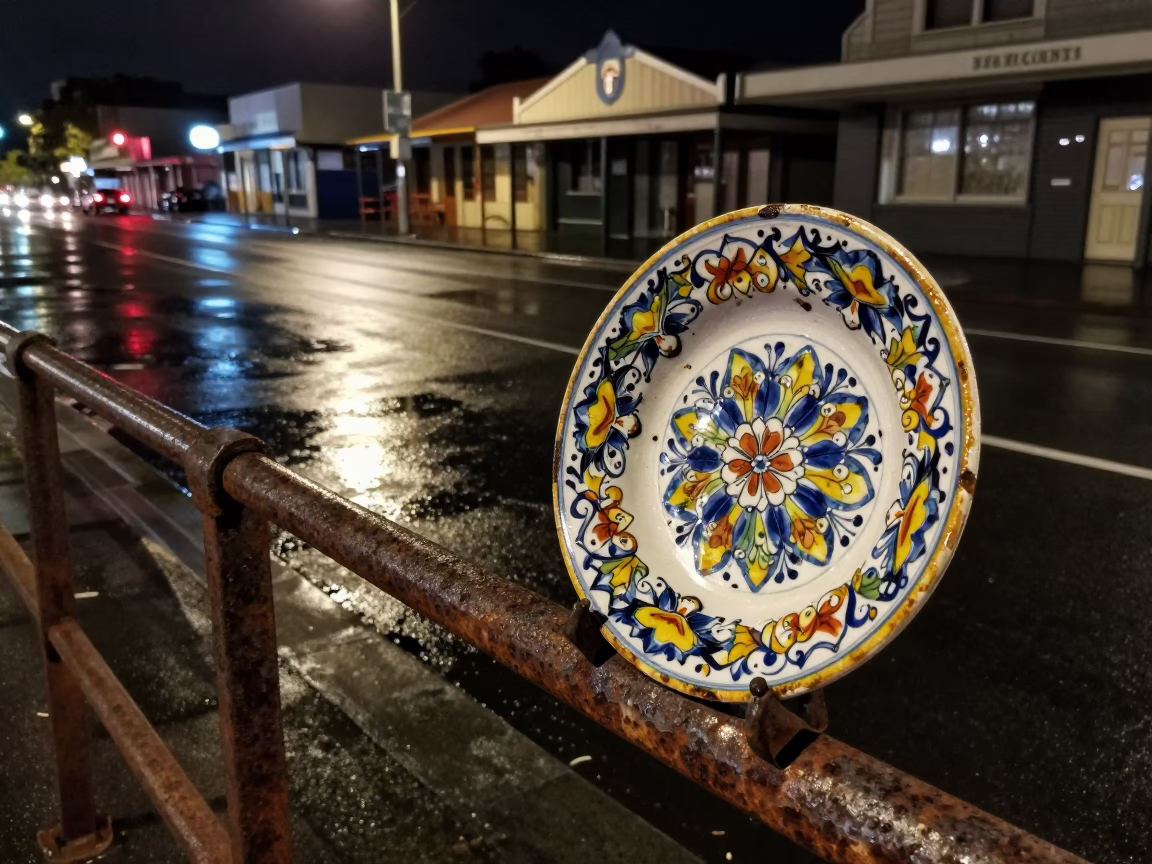 Late Night Auckland Street Scene with Vintage Italian Majolica Plate and Woven Cane Light in in Auckland, New Zealand