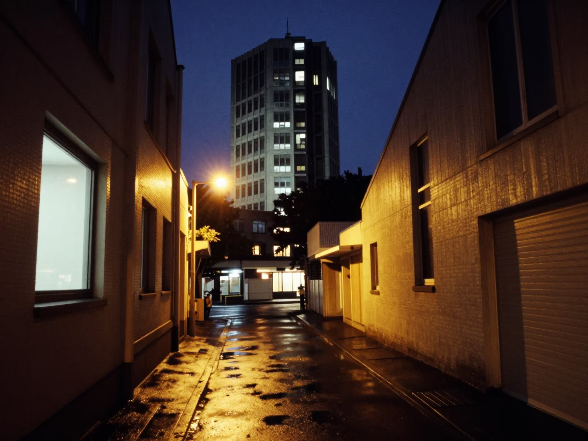 Late Night Auckland Street Scene with Window Light and Urban Architecture in in Auckland, New Zealand