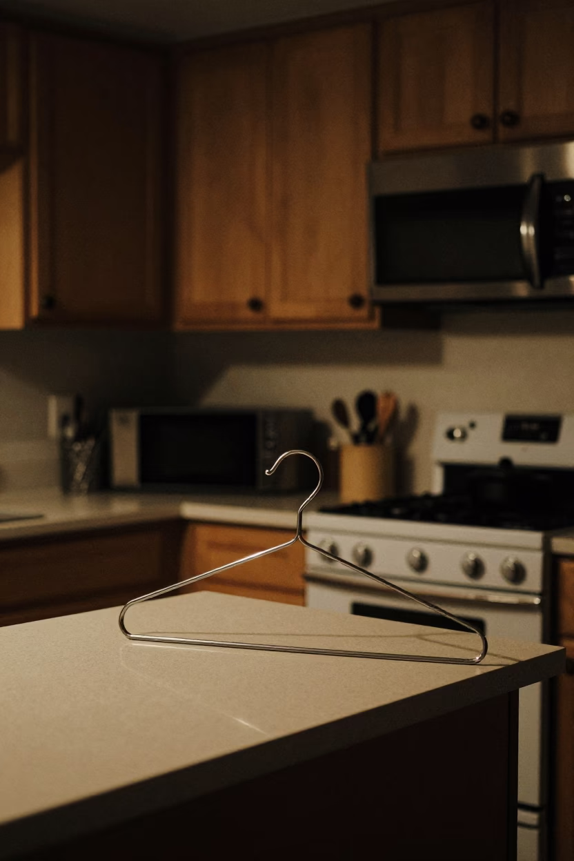 Late Night Austin Kitchen Scene With Shirt Hanger And Mug On Counter in in Austin, Texas, United States