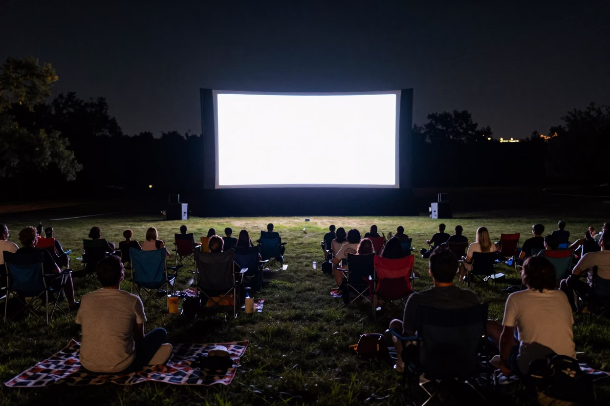 Late Night Austin Outdoor Cinema Crowd Watching Movie Under Stars in Texas in in Austin, Texas, United States