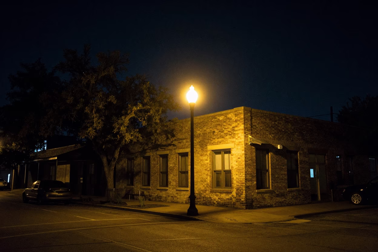 Late Night Austin Street Scene Under Deep Night Sky with Vintage 1980s Aesthetic in in Austin, Texas, United States