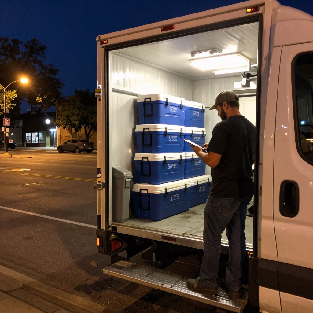 Late Night Austin Street Scene with Cold Chain Logistics Coolers and Clipboard in in Austin, Texas, United States