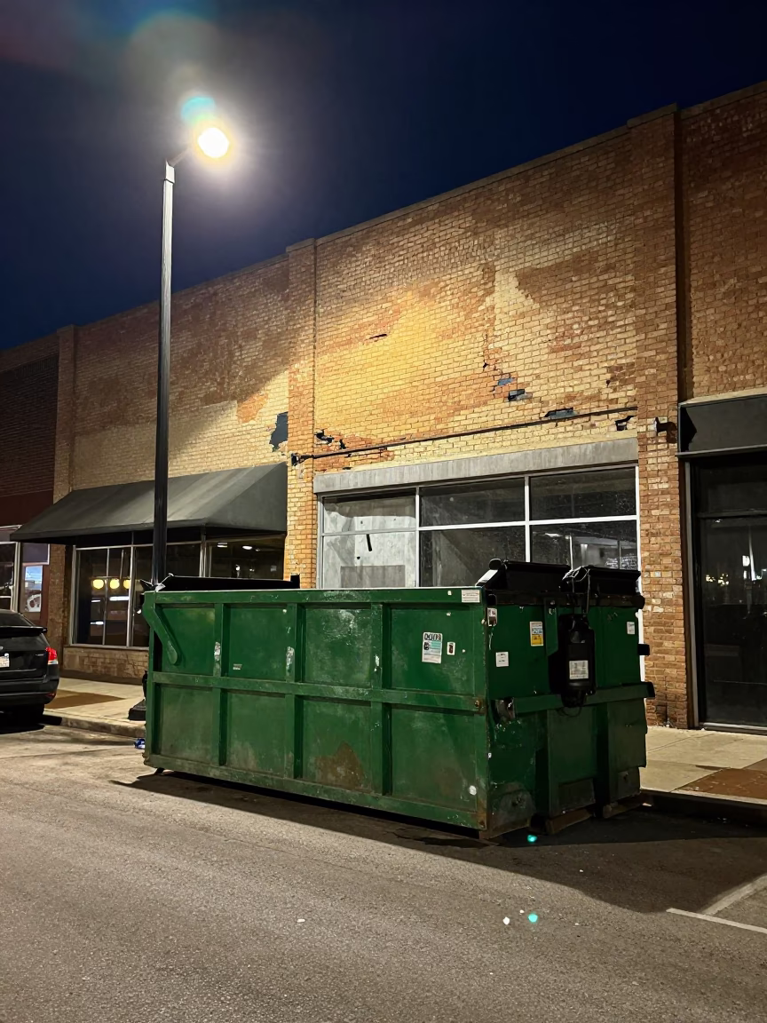 Late Night Austin Street Scene with Demolition Dumpster and Paint Flecks in in Austin, Texas, United States