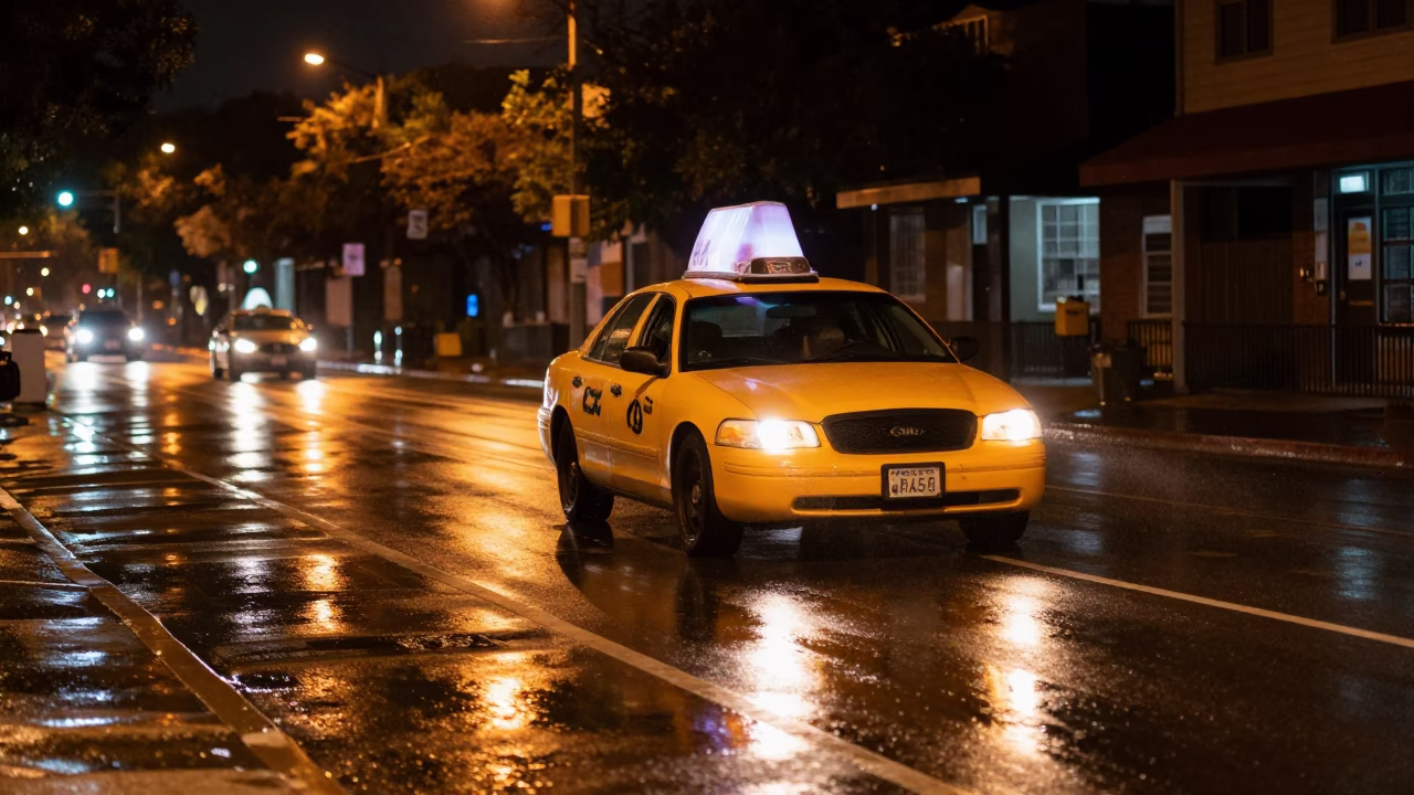 Late Night Austin Street Scene with Yellow Taxi and Rain Reflections in in Austin, Texas, United States