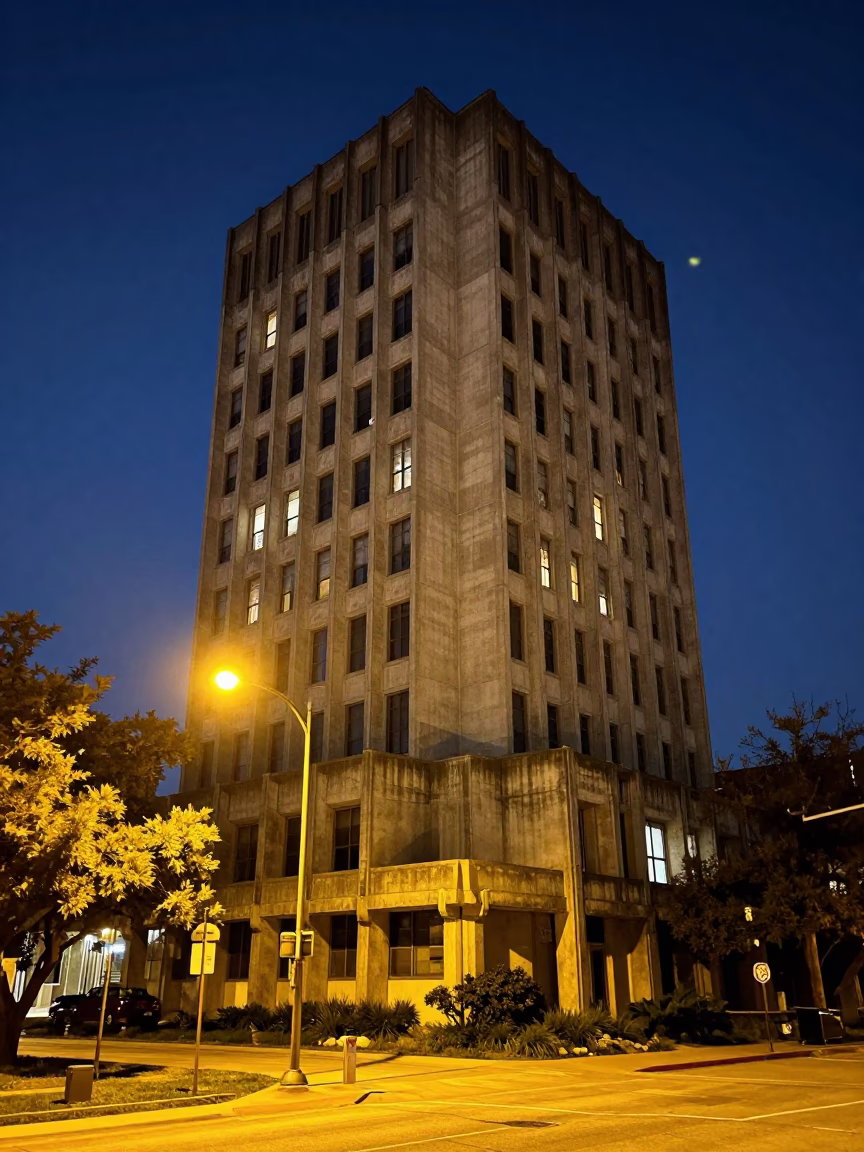 Late Night Austin Texas Brutalist Concrete University Tower Exterior Street View in in Austin, Texas, United States