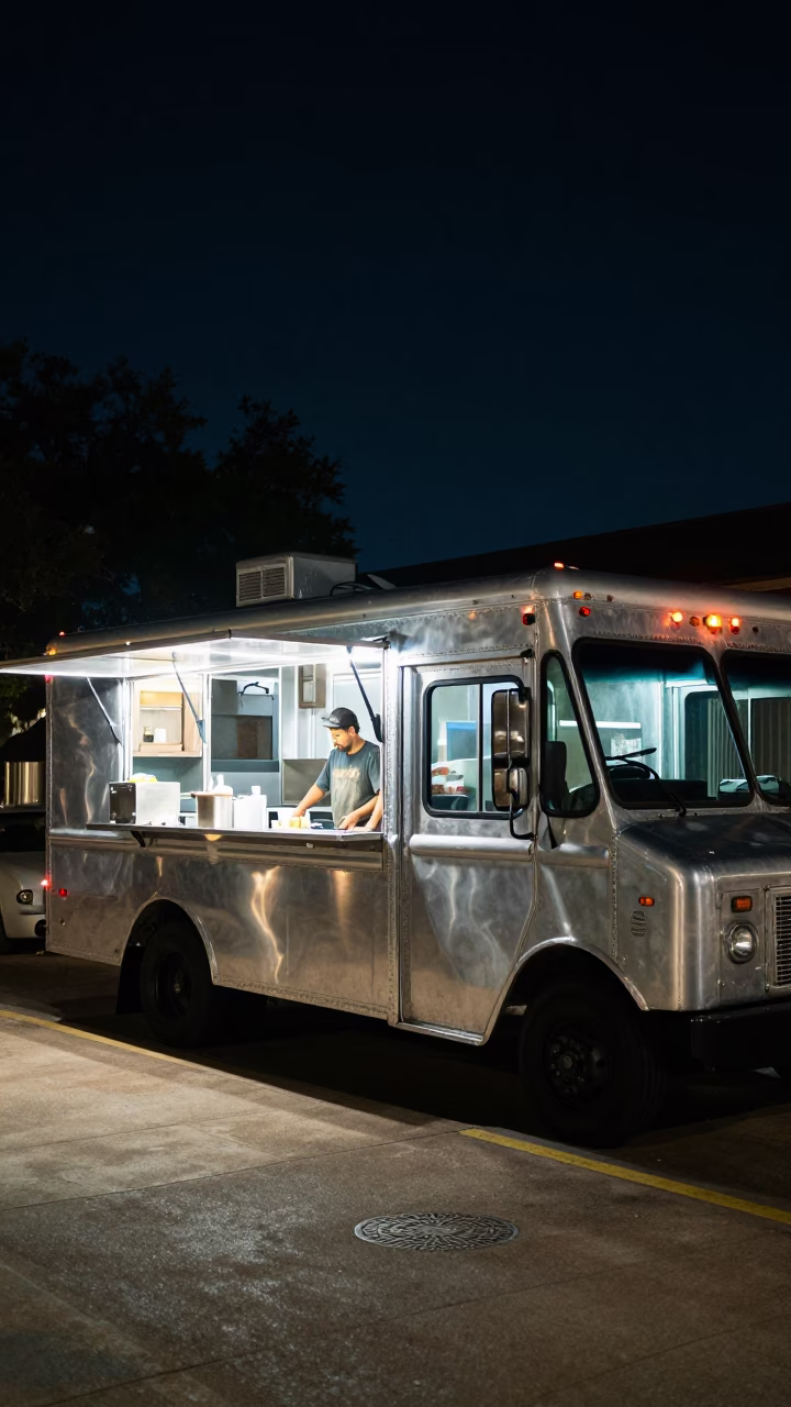 Late Night Austin Texas Food Truck Service Under Deep Night Sky in in Austin, Texas, United States