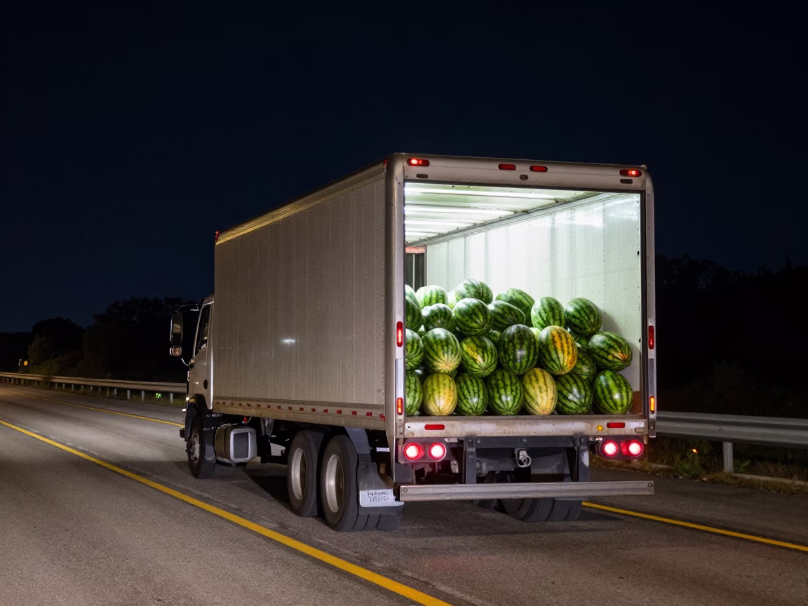 Late Night Austin Texas Highway Scene with Watermelon Truck and City Lights in in Austin, Texas, United States
