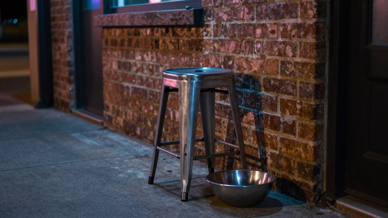 Late Night Austin Texas Neon Street Scene with Bowl and Kitchen Stool in in Austin, Texas, United States