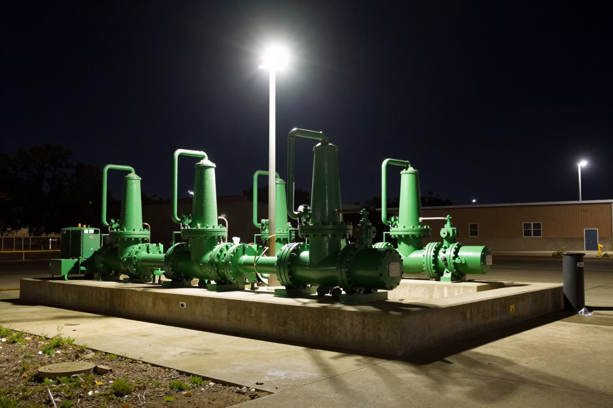 Late Night Austin Texas Sewage Pumping Station Green Pumps Urban Infrastructure in in Austin, Texas, United States