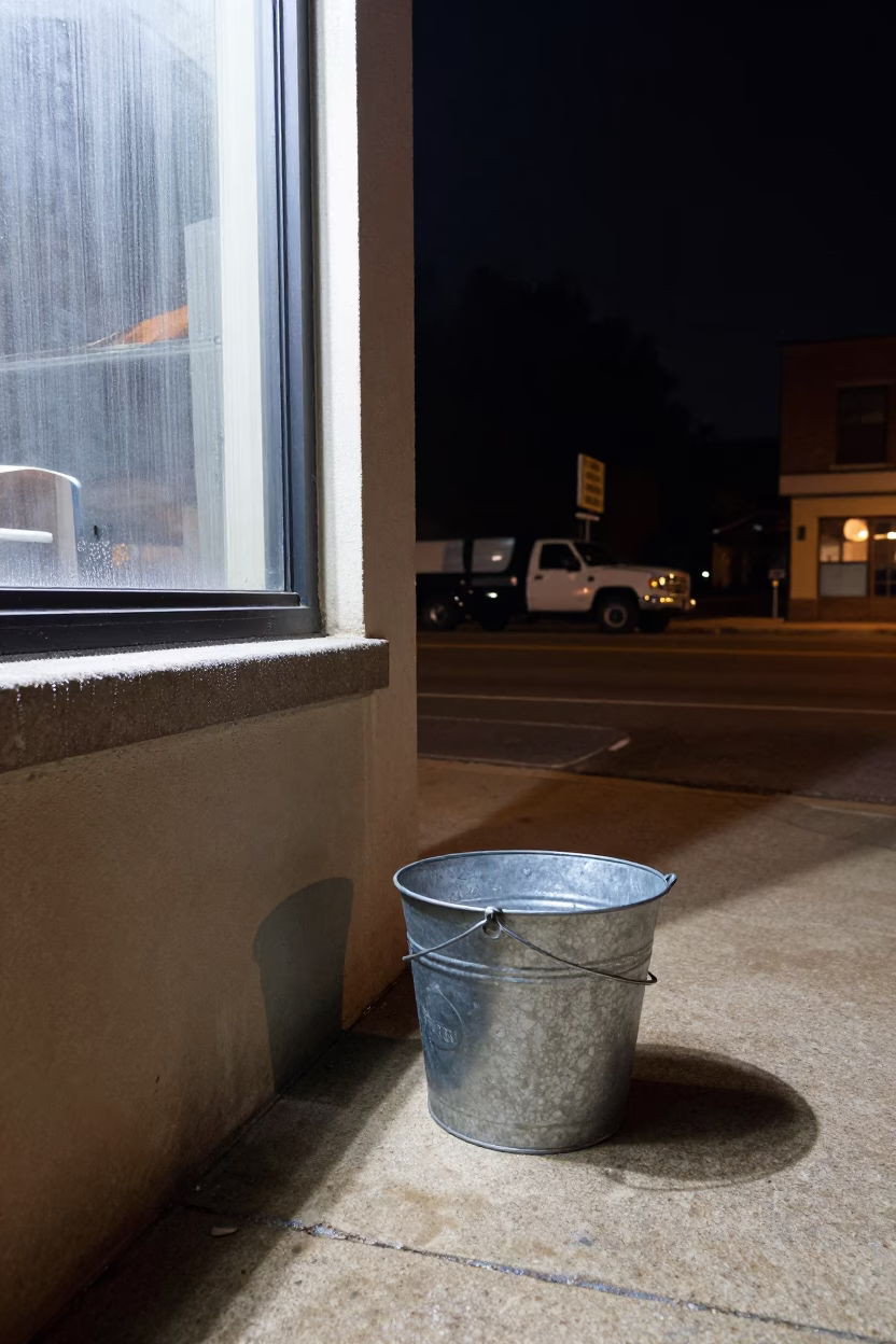 Late Night Austin Texas Street Corner with Condensation and Metal Bucket Under Neon Lights in in Austin, Texas, United States