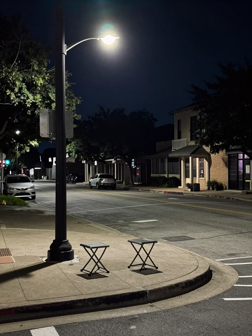 Late Night Austin Texas Street Corner with Folding Stools and Concrete Sidewalk in in Austin, Texas, United States