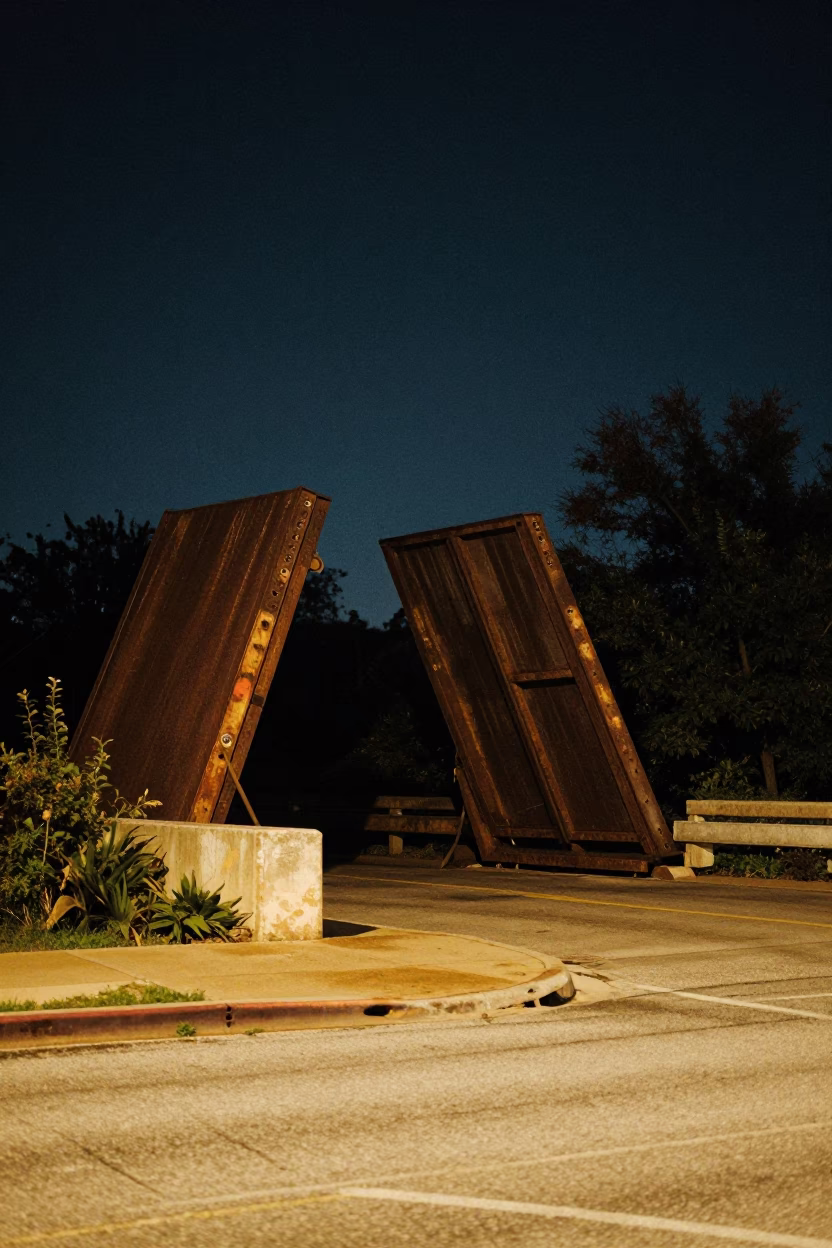Late Night Austin Texas Street Scene Under Deep Darkness With Rusty Drawbridge in in Austin, Texas, United States