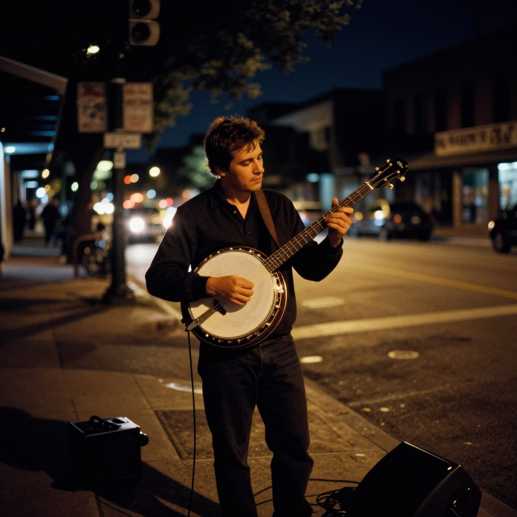 Late Night Austin Texas Street Scene with Banjo Player and Neon Lights in in Austin, Texas, United States