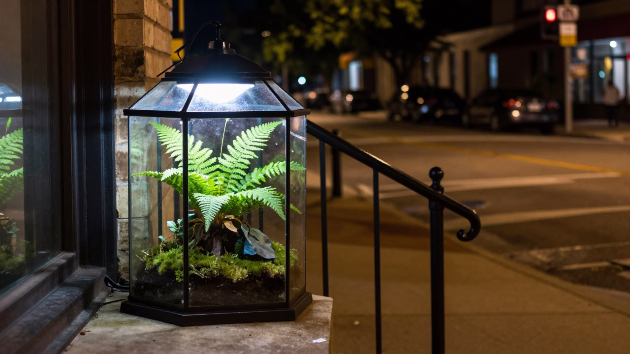 Late Night Austin Texas Street Scene with Glass Terrarium and Stair Rail in in Austin, Texas, United States