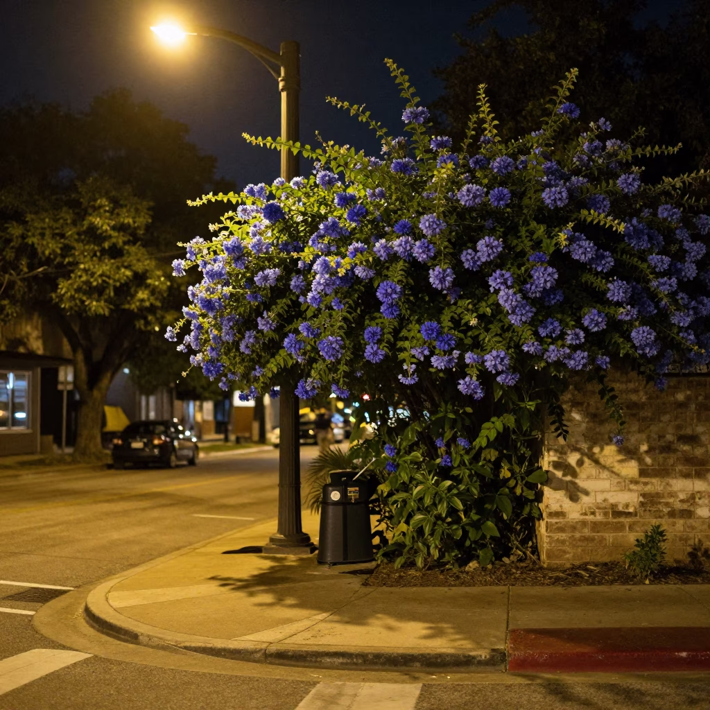 Late Night Austin Texas Street Scene with Plumbago Hedge and Neon Sign in in Austin, Texas, United States