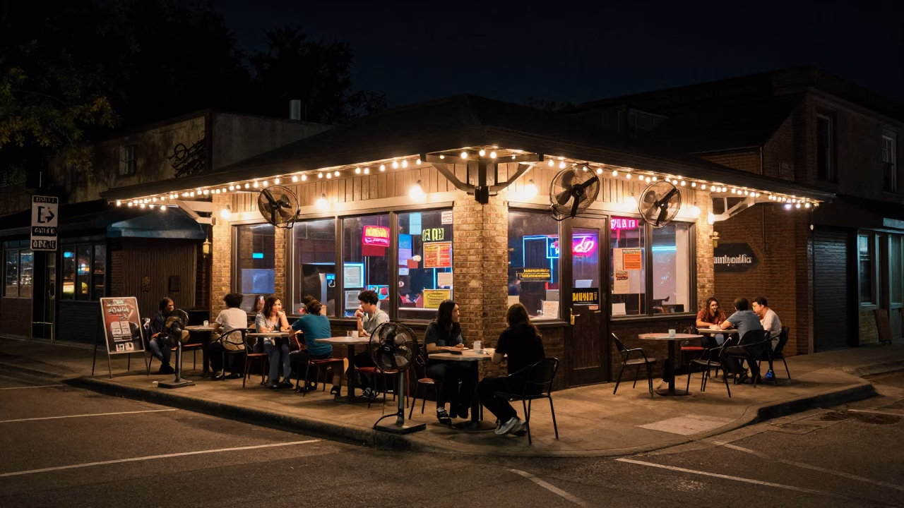 Late Night Austin Texas Street Scene with Table Fans and Neon Signs in in Austin, Texas, United States