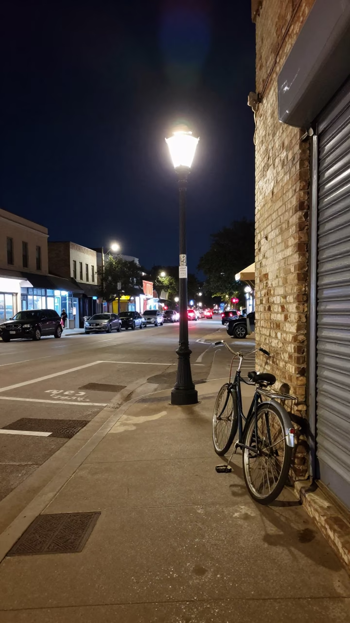 Late Night Austin Texas Street Scene with Vintage Bicycle and Neon Lights in in Austin, Texas, United States