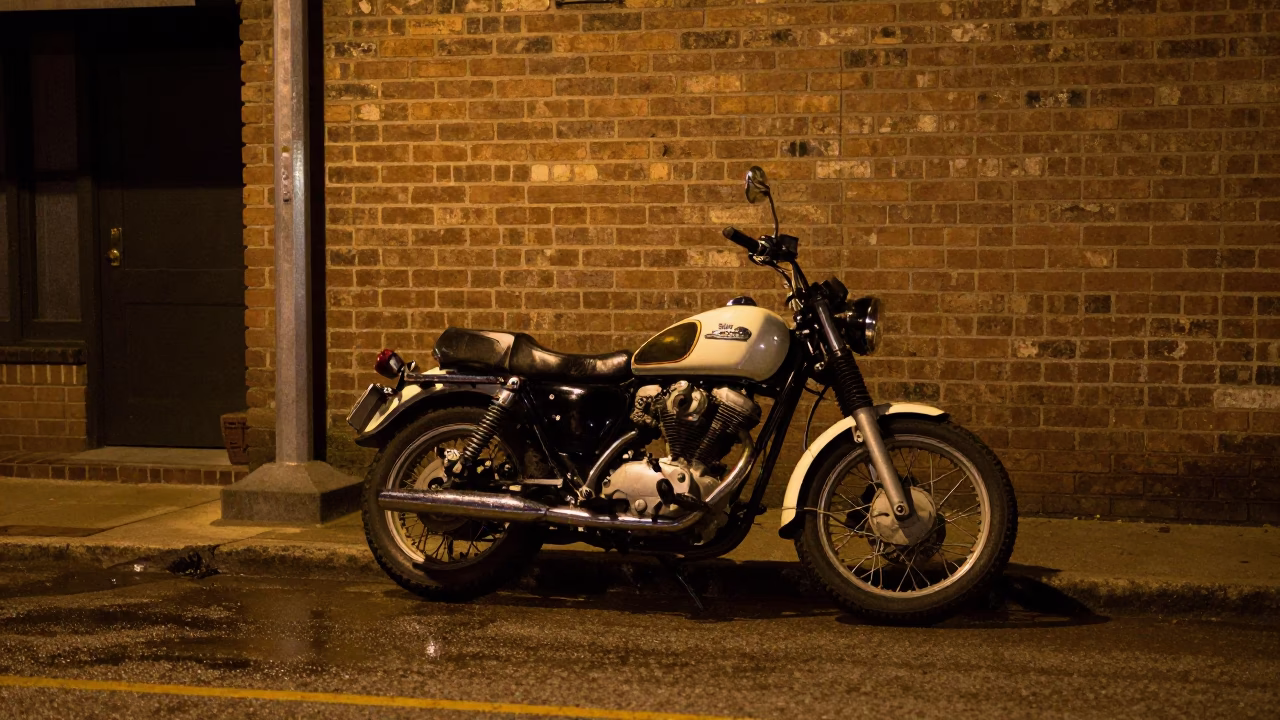 Late Night Austin Texas Street Scene with Vintage Motorcycle and Neon Sign in in Austin, Texas, United States