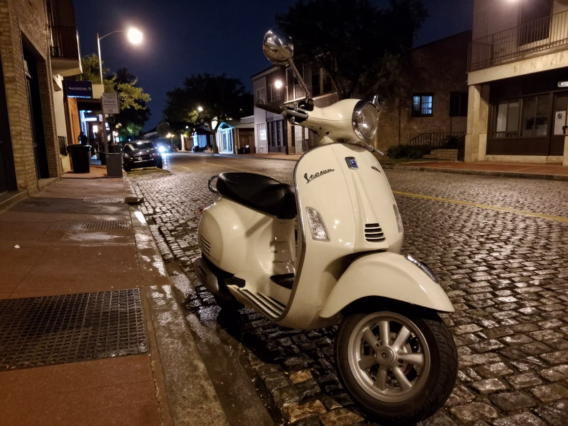 Late Night Austin Texas Street Scene with Vintage Vespa and Urban Neon in in Austin, Texas, United States