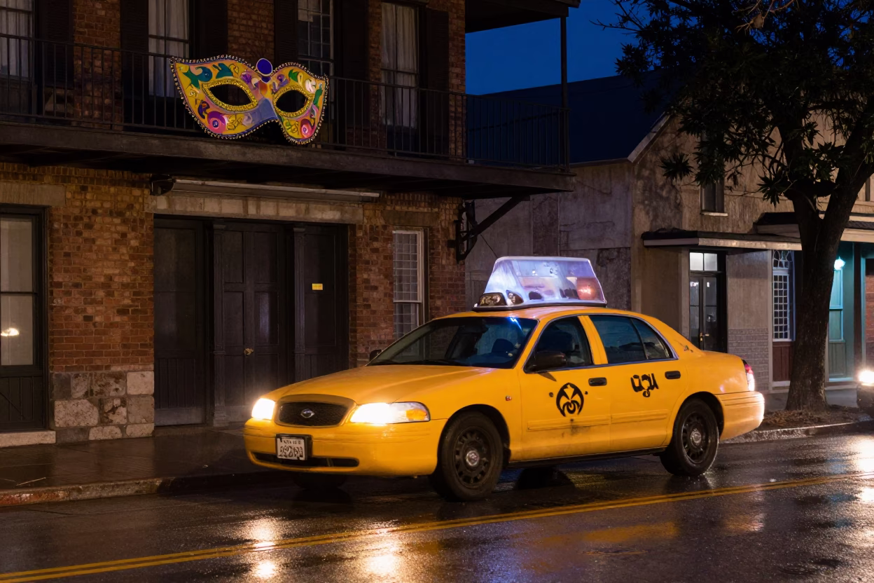 Late Night Austin Texas Street Scene with Yellow Taxi and Balcony at Midnight in in Austin, Texas, United States