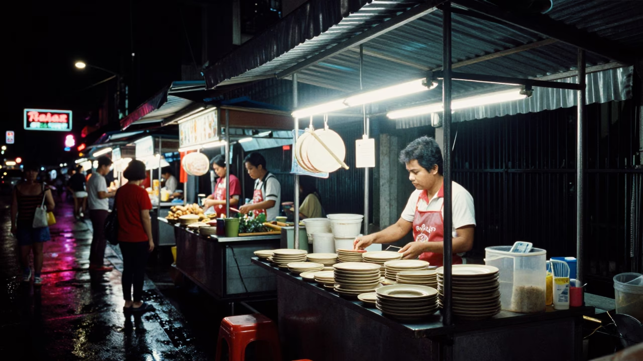 Late Night Bangkok Street Food Stall with Ceramic Plates and Neon Lights in in Bangkok, Thailand