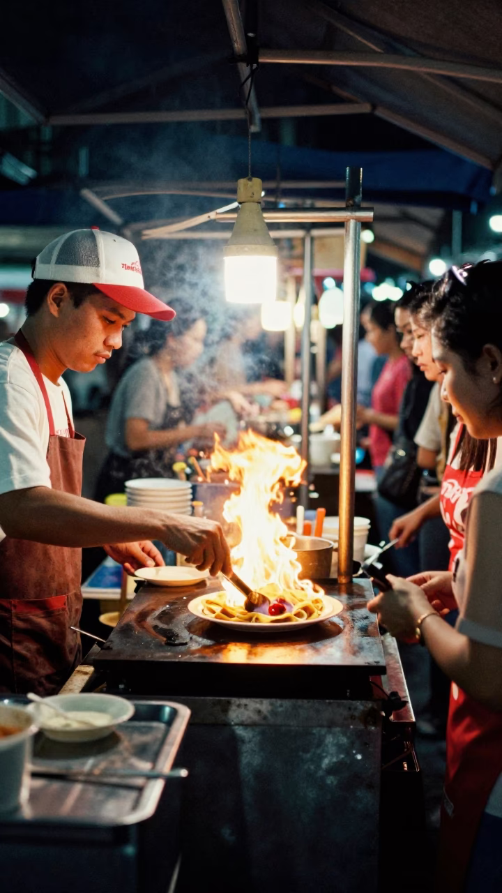 Late Night Bangkok Street Food Stall with Crepes Suzette and Rusty Basin in in Bangkok, Thailand