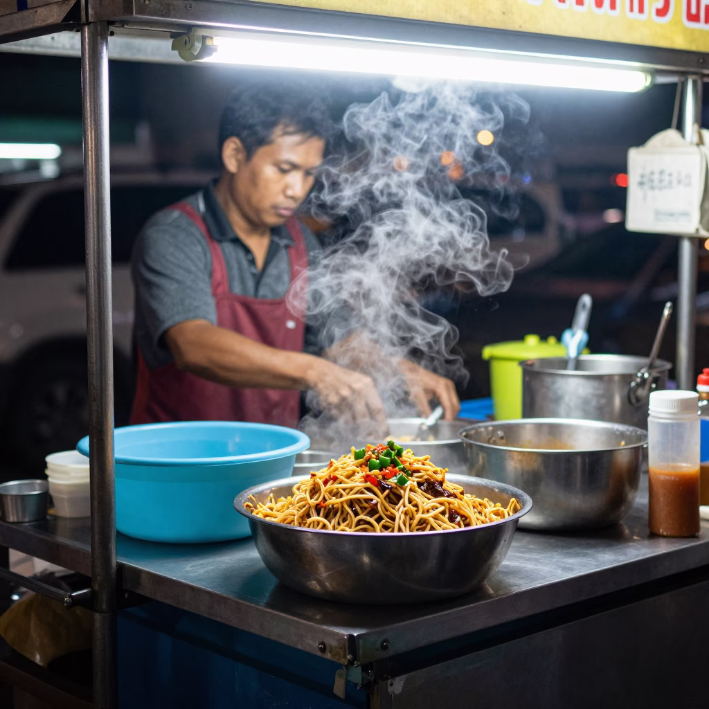 Late Night Bangkok Street Food Stall with Plastic Basin and Steamy Chaat Bowl in in Bangkok, Thailand