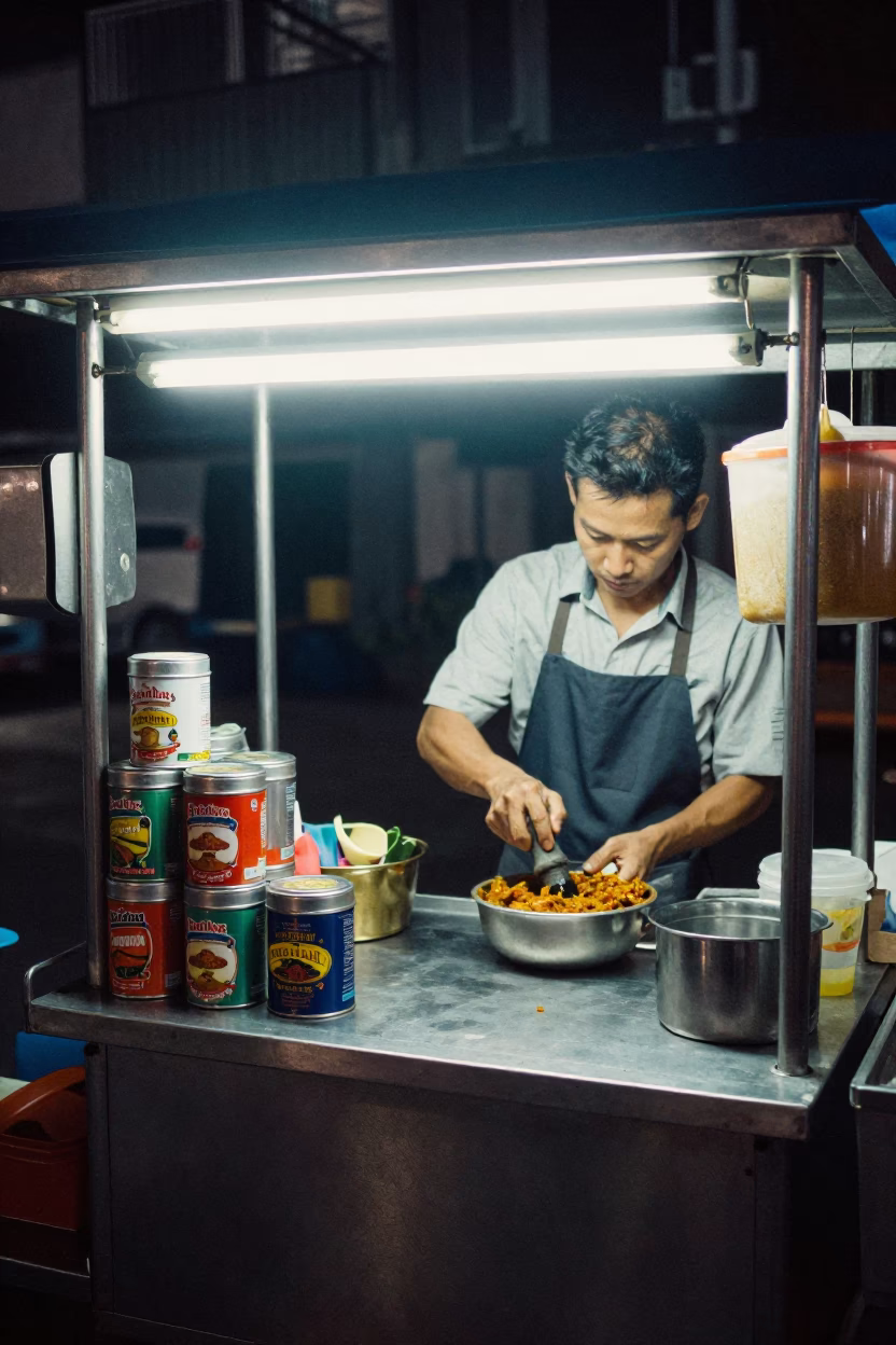 Late Night Bangkok Street Food Stall with Spice Tins and Mortar Pestle in in Bangkok, Thailand