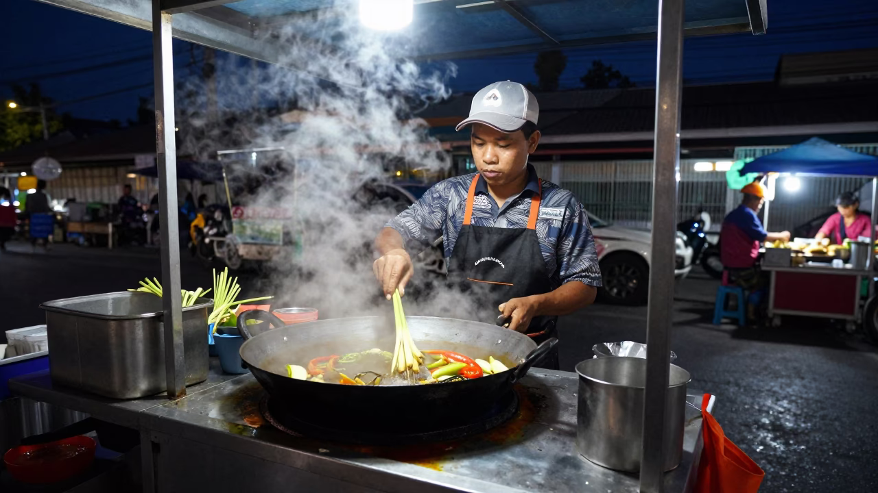 Late Night Bangkok Street Food Vendor Cooking Lemongrass Under Deep Night Sky in in Bangkok, Thailand