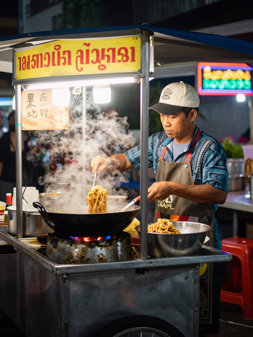 Late Night Bangkok Street Food Vendor Cooking Pad Thai with Steam and Neon Lights in in Bangkok, Thailand