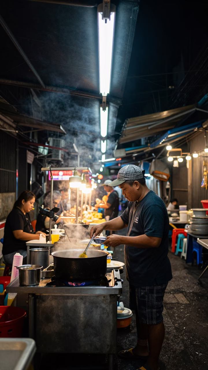 Late Night Bangkok Street Food Vendor Cooking with Pot and Sink Under Neon Lights in in Bangkok, Thailand