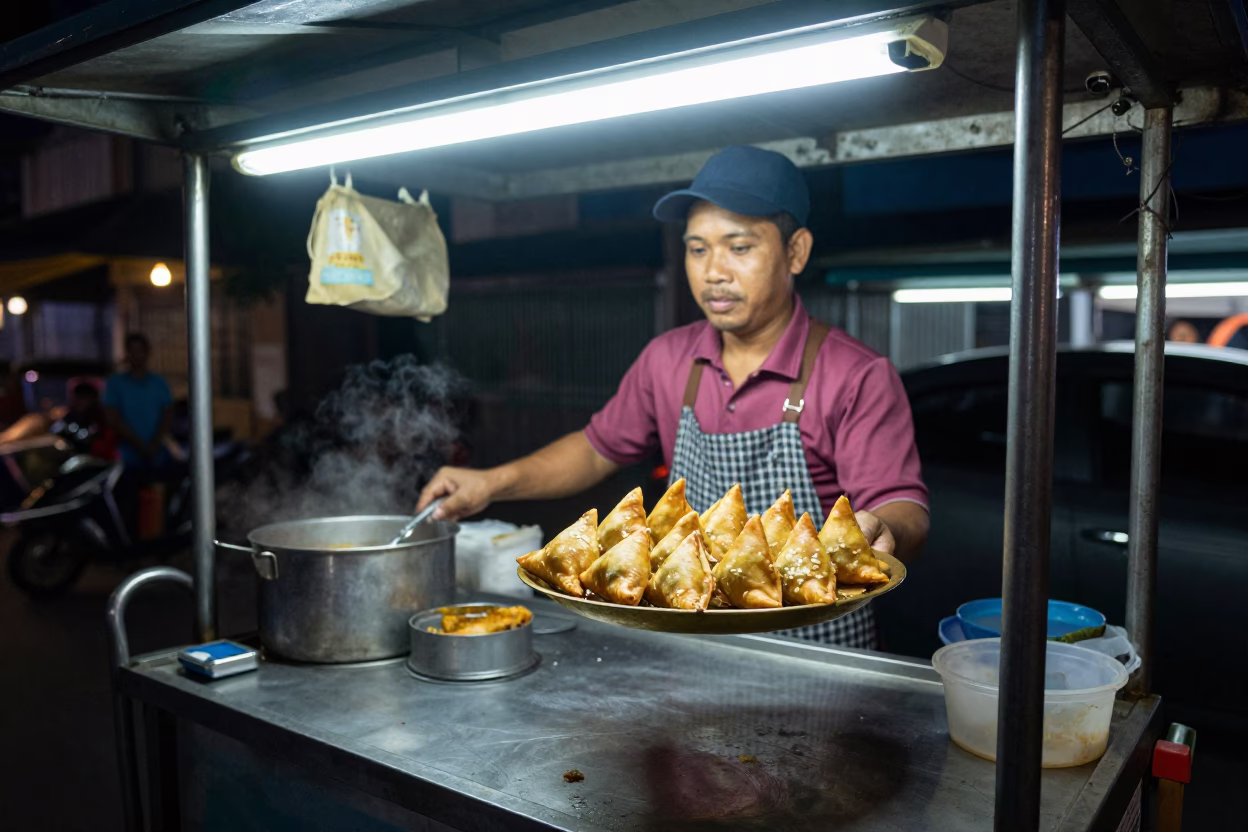 Late Night Bangkok Street Food Vendor Selling Samosas and Bread Basket on Brass Plate in in Bangkok, Thailand