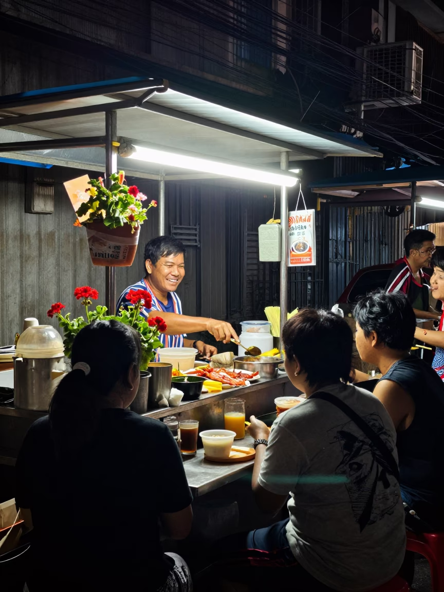 Late Night Bangkok Street Food Vendor with Geraniums and Coiled Rope in in Bangkok, Thailand
